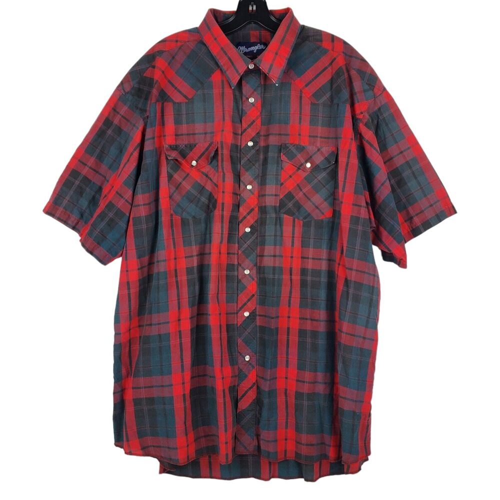 Vintage WRANGLER Shirt Men 19 Tall Red X LONG TAILS 90s Pearl Snap Plaid Western